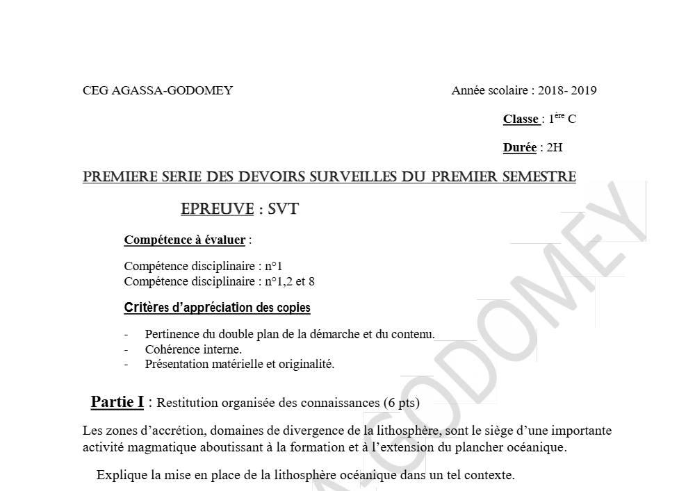 Aperçu de la première page — 1ère C SVT Devoir 1 Semestre 1 CEG Agassa Godomey 2018 2019