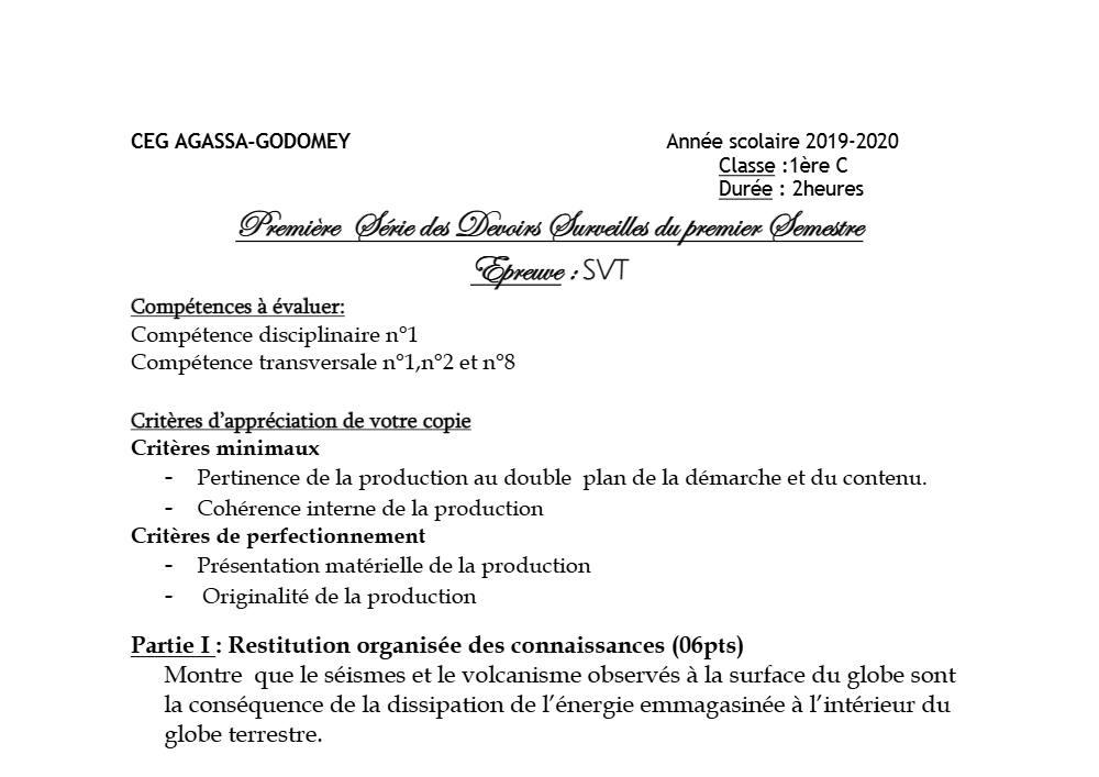 Aperçu de la première page — 1ère C SVT Devoir 1 Semestre 1 CEG Agassa Godomey 2019 2020