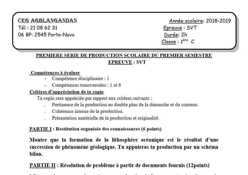 Aperçu de la première page — 1ère C SVT Devoir 1 Semestre 1 CEG Agblangandan 2018 2019