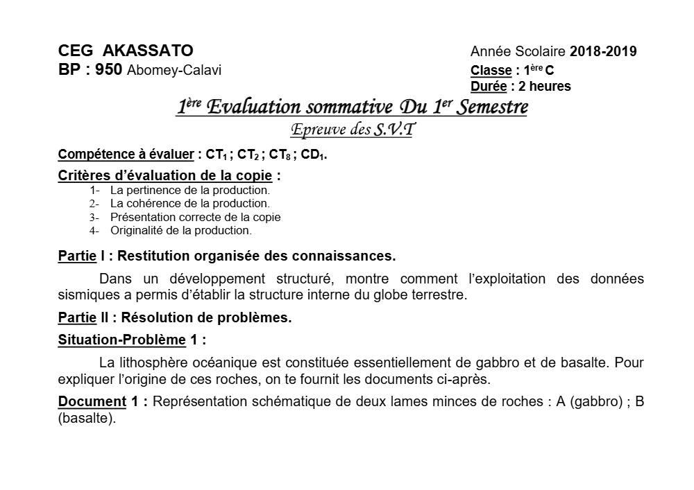 Aperçu de la première page — 1ère C SVT Devoir 1 Semestre 1 CEG Akassato 2018 2019