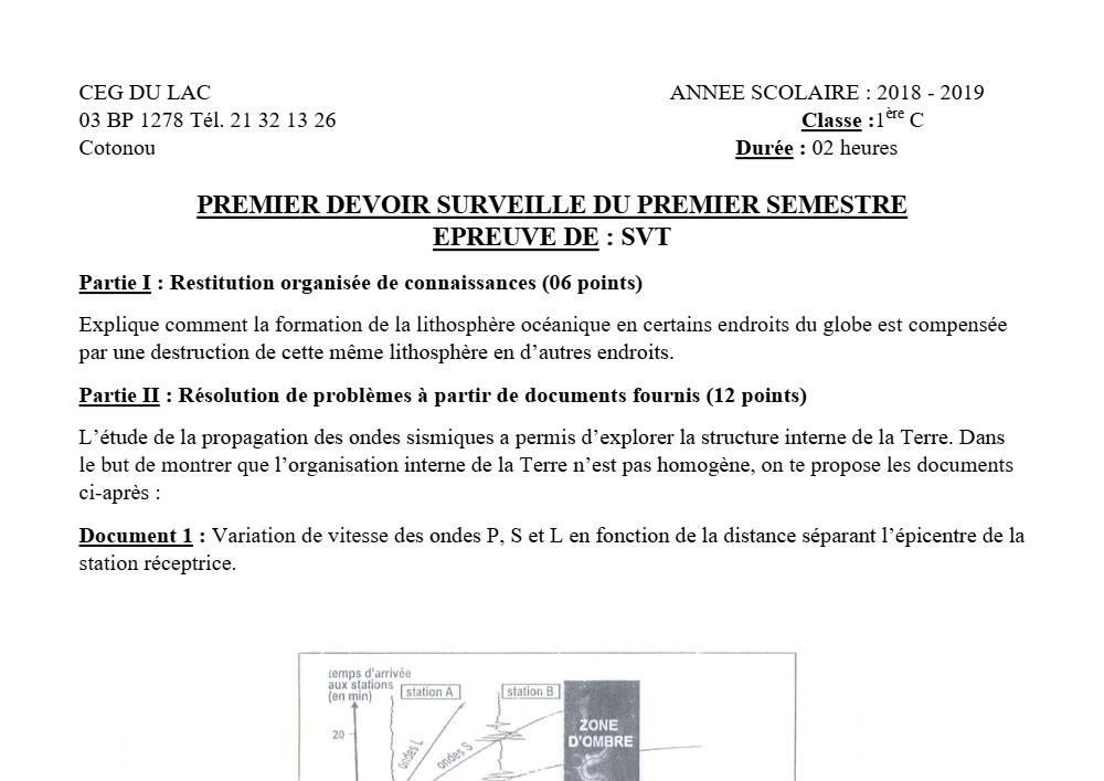 Aperçu de la première page — 1ère C SVT Devoir 1 Semestre 1 CEG du Lac 2018 2019
