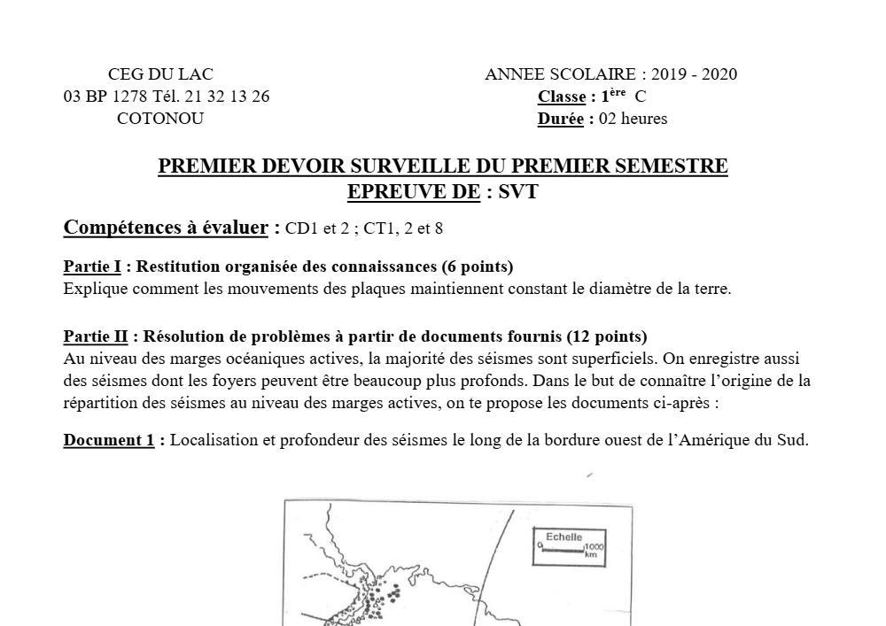 Aperçu de la première page — 1ère C SVT Devoir 1 Semestre 1 CEG du Lac 2019 2020