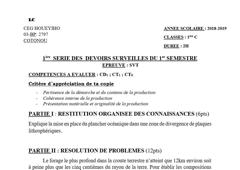 Aperçu de la première page — 1ère C SVT Devoir 1 Semestre 1 CEG Houéyiho 2018 2019