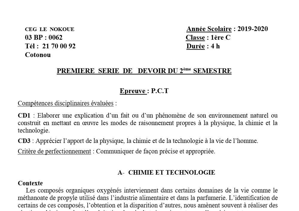 Aperçu de la première page — 1ère C SVT Devoir 1 Semestre 1 CEG Le Nokoué 2019 2020