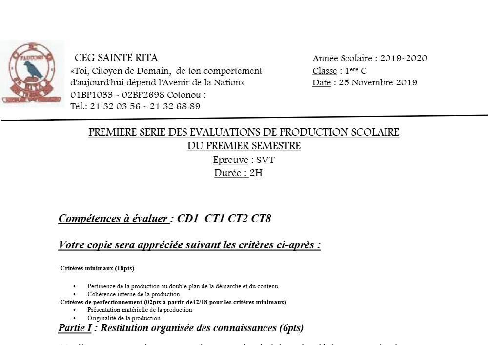 Aperçu de la première page — 1ère C SVT Devoir 1 Semestre 1 CEG Sainte Rita 2019 2020