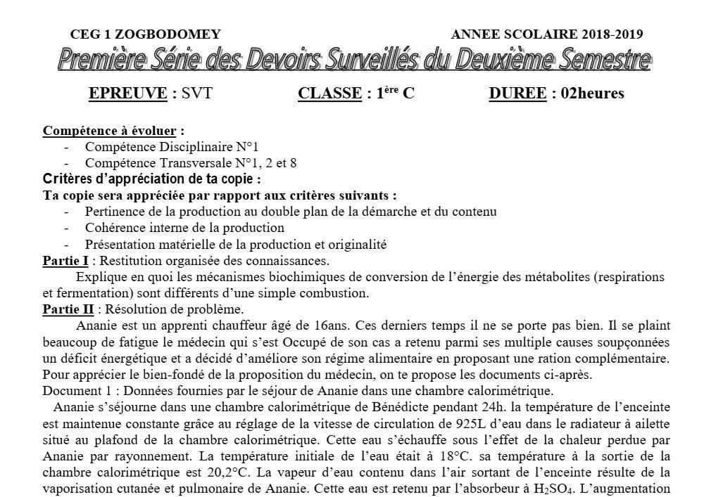 Aperçu de la première page — 1ère C SVT Devoir 1 Semestre 2 CEG1 Zogbodomey 2018 2019
