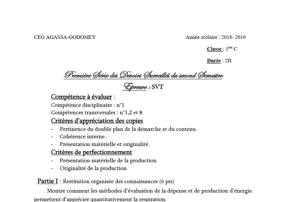 Aperçu de la première page — 1ère C SVT Devoir 1 Semestre 2 CEG Agassa Godomey 2018 2019