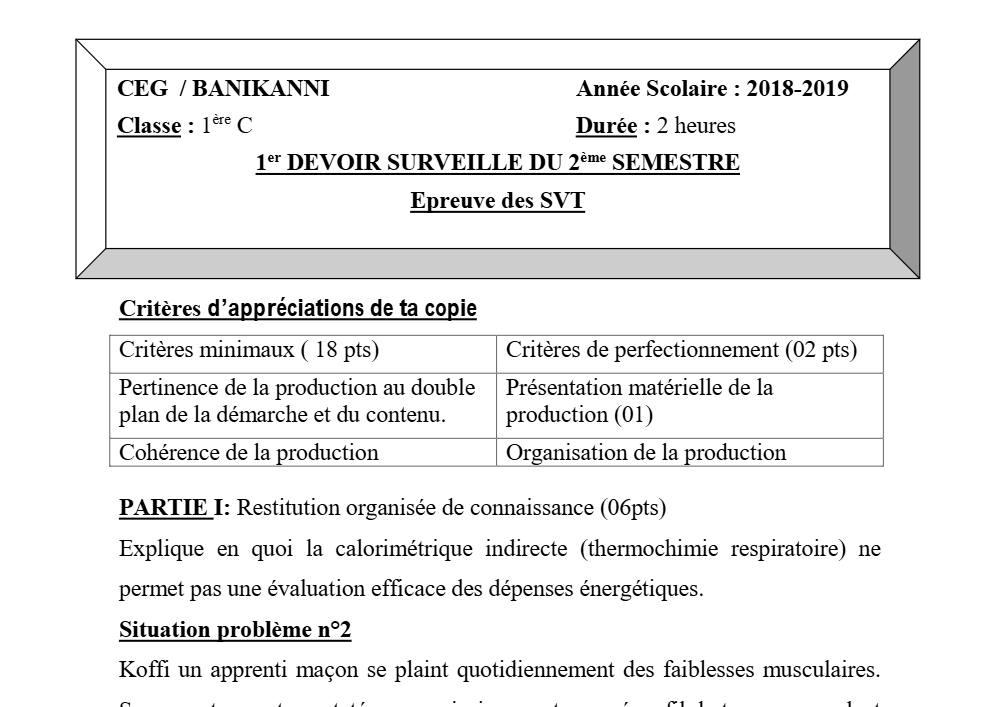 Aperçu de la première page — 1ère C SVT Devoir 1 Semestre 2 CEG Banikanni 2018 2019