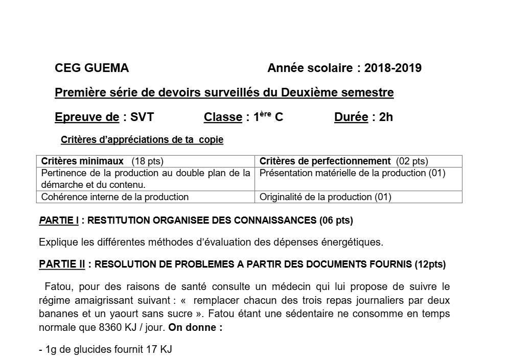 Aperçu de la première page — 1ère C SVT Devoir 1 Semestre 2 CEG Guema 2018 2019