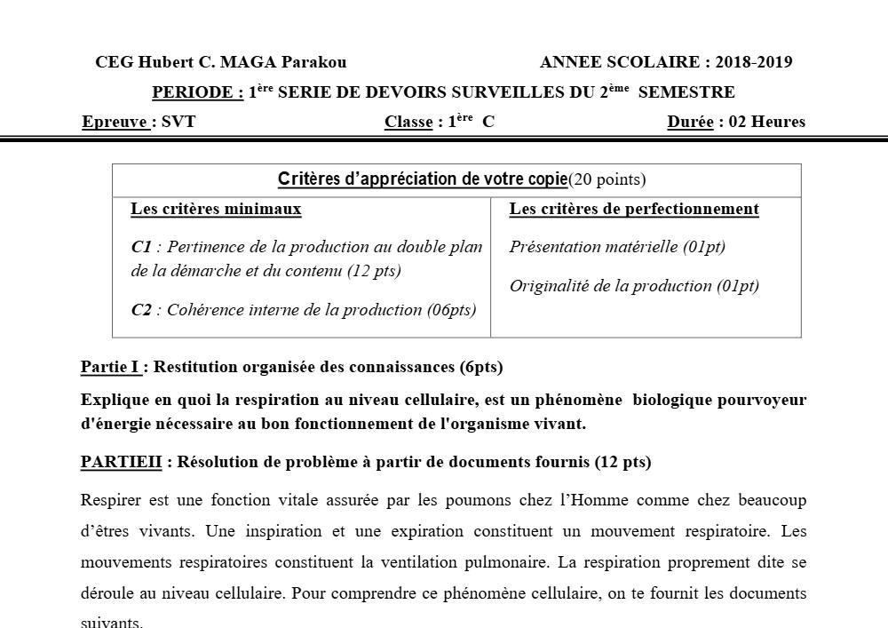 Aperçu de la première page — 1ère C SVT Devoir 1 Semestre 2 CEG Hubert C Maga 2018 2019