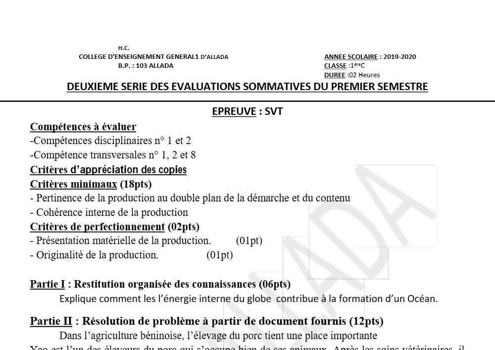 Aperçu de la première page — 1ère C SVT Devoir 2 Semestre 1 CEG1 Allada 2019 2020