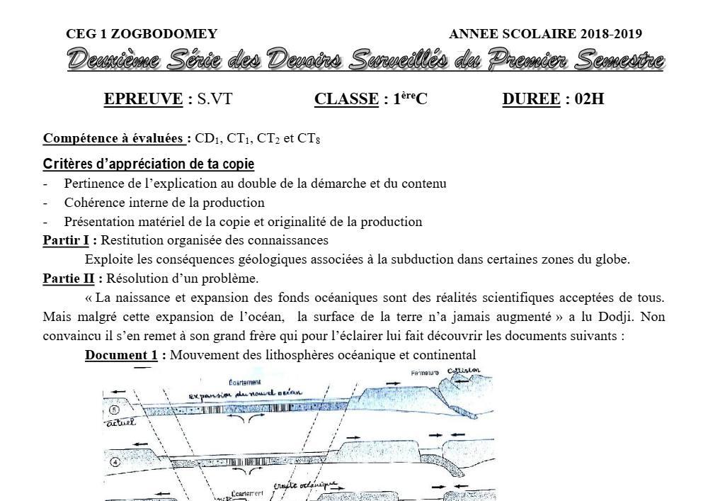 Aperçu de la première page — 1ère C SVT Devoir 2 Semestre 1 CEG1 Zogbodomey 2018 2019