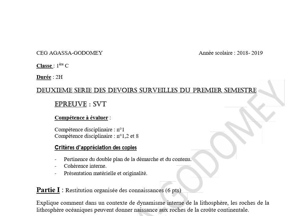 Aperçu de la première page — 1ère C SVT Devoir 2 Semestre 1 CEG Agassa Godomey 2018 2019