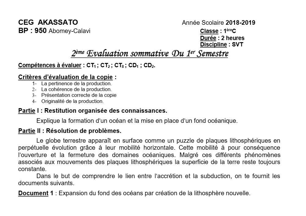 Aperçu de la première page — 1ère C SVT Devoir 2 Semestre 1 CEG Akassato 2019 2020