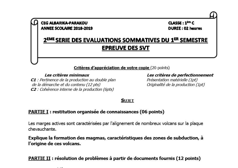 Aperçu de la première page — 1ère C SVT Devoir 2 Semestre 1 CEG Albarika 2018 2019