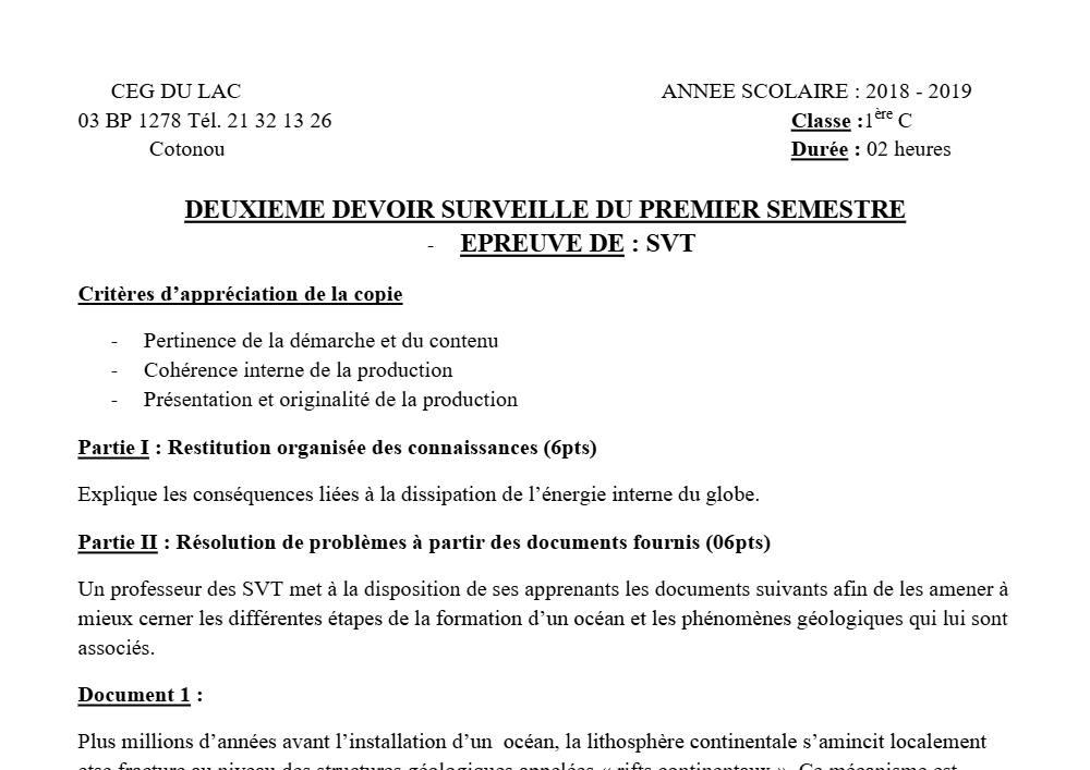 Aperçu de la première page — 1ère C SVT Devoir 2 Semestre 1 CEG du Lac 2018 2019