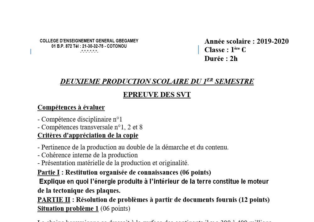 Aperçu de la première page — 1ère C SVT Devoir 2 Semestre 1 CEG Gbégamey 2019 2020