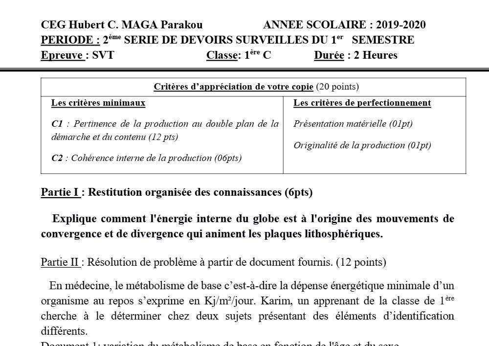 Aperçu de la première page — 1ère C SVT Devoir 2 Semestre 1 CEG Hubert C Maga 2019 2020