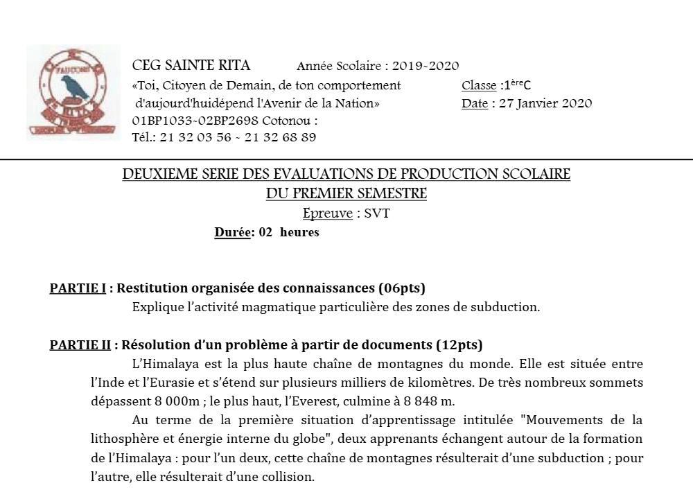 Aperçu de la première page — 1ère C SVT Devoir 2 Semestre 1 CEG Sainte Rita 2019 2020