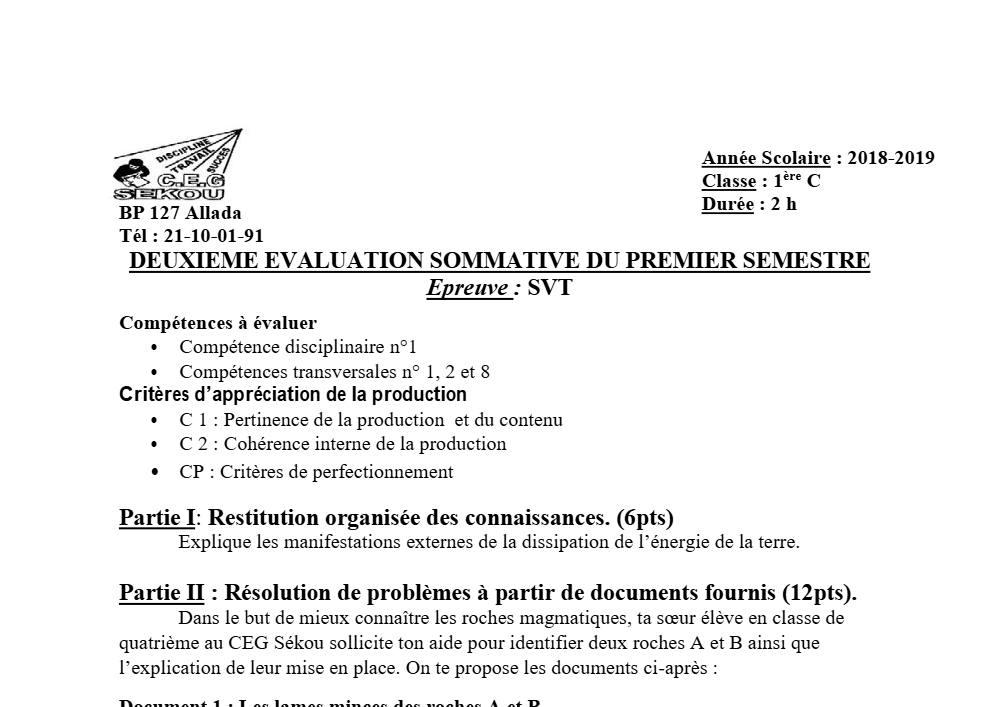 Aperçu de la première page — 1ère C SVT Devoir 2 Semestre 1 CEG Sekou 2018 2019