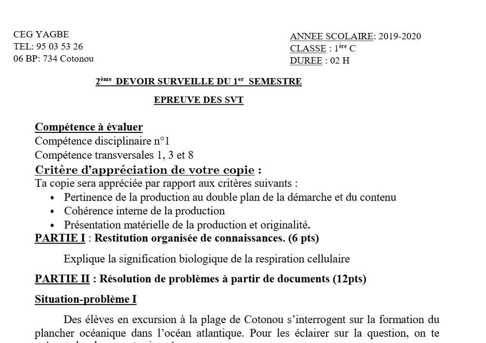 Aperçu de la première page — 1ère C SVT Devoir 2 Semestre 1 CEG Yagbe 2019 2020