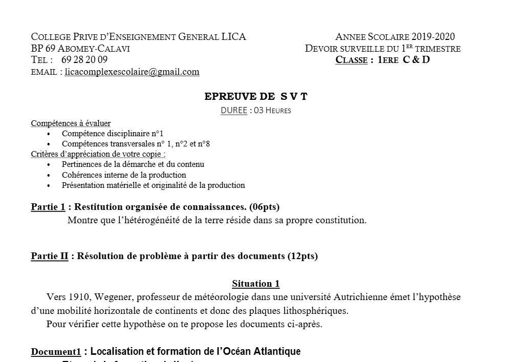 Aperçu de la première page — 1ère CD SVT Devoir 1 Trimestre 1 Cepg Lica 2019 2020
