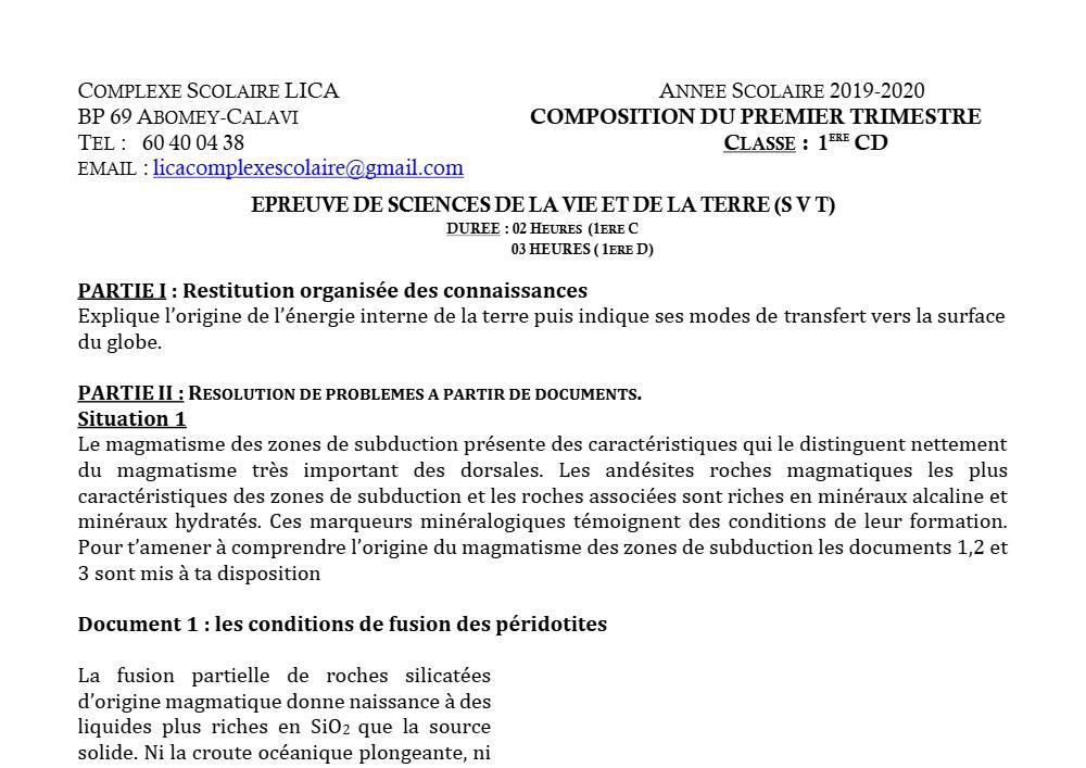 Aperçu de la première page — 1ère CD SVT Devoir 1 Trimestre 1 CPEG Lica 2019 2020