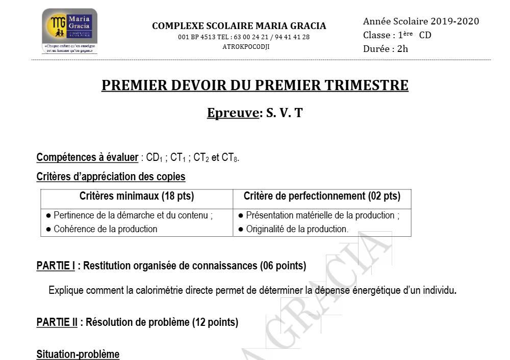 Aperçu de la première page — 1ère CD SVT Devoir 1 Trimestre 1 CS Maria Gracia 2019 2020
