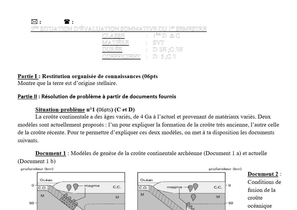 Aperçu de la première page — 1ère CD SVT Devoir 2 Semestre 1 CEG Banikanni 2019 2020