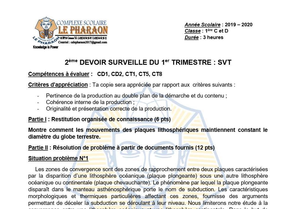 Aperçu de la première page — 1ère CD SVT Devoir 2 Trimestre 1 CS Le Pharaon 2019 2020