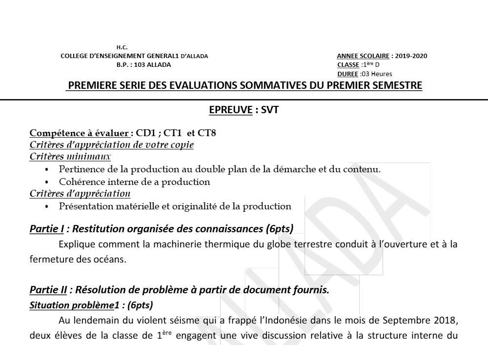 Aperçu de la première page — 1ère D SVT Devoir 1 Semestre 1 CEG1 Allada 2019 2020