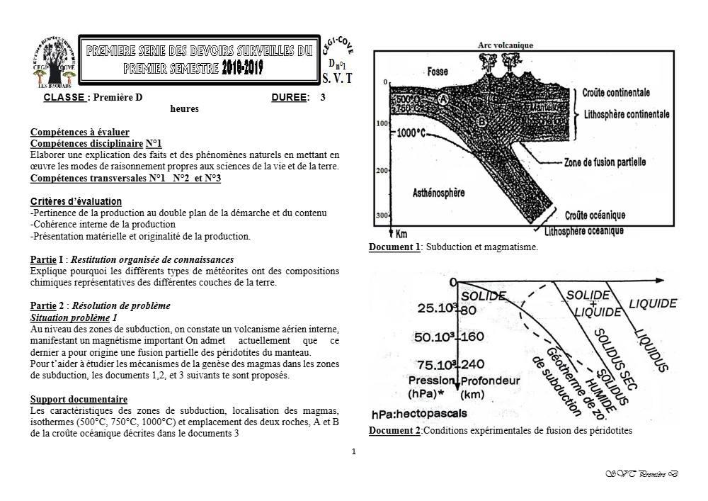 Aperçu de la première page — 1ère D SVT Devoir 1 Semestre 1 CEG1 Cove 2018 2019
