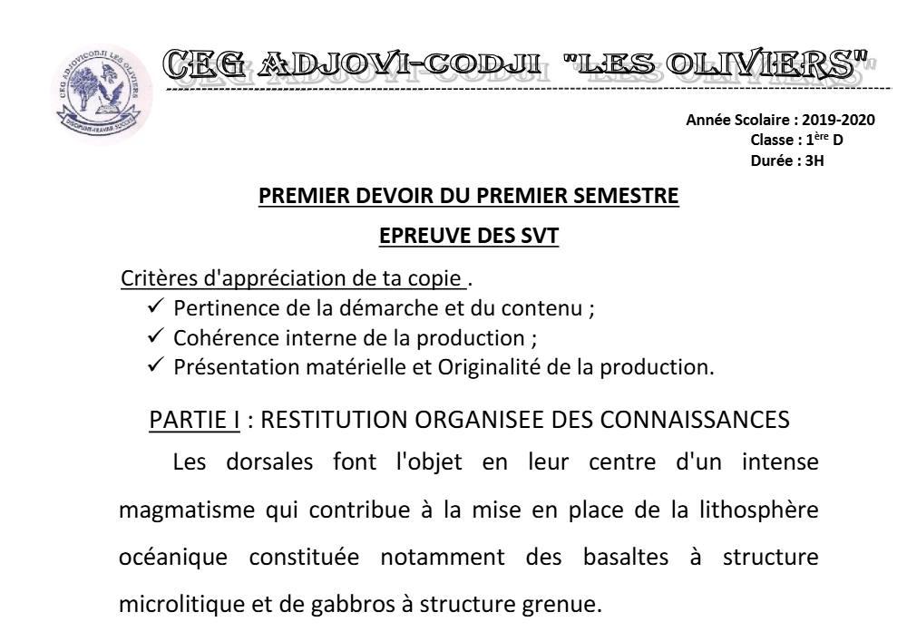 Aperçu de la première page — 1ère D SVT Devoir 1 Semestre 1 CEG Adjovi Codji 2019 2020