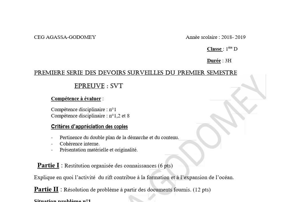 Aperçu de la première page — 1ère D SVT Devoir 1 Semestre 1 CEG Agassa Godomey 2018 2019