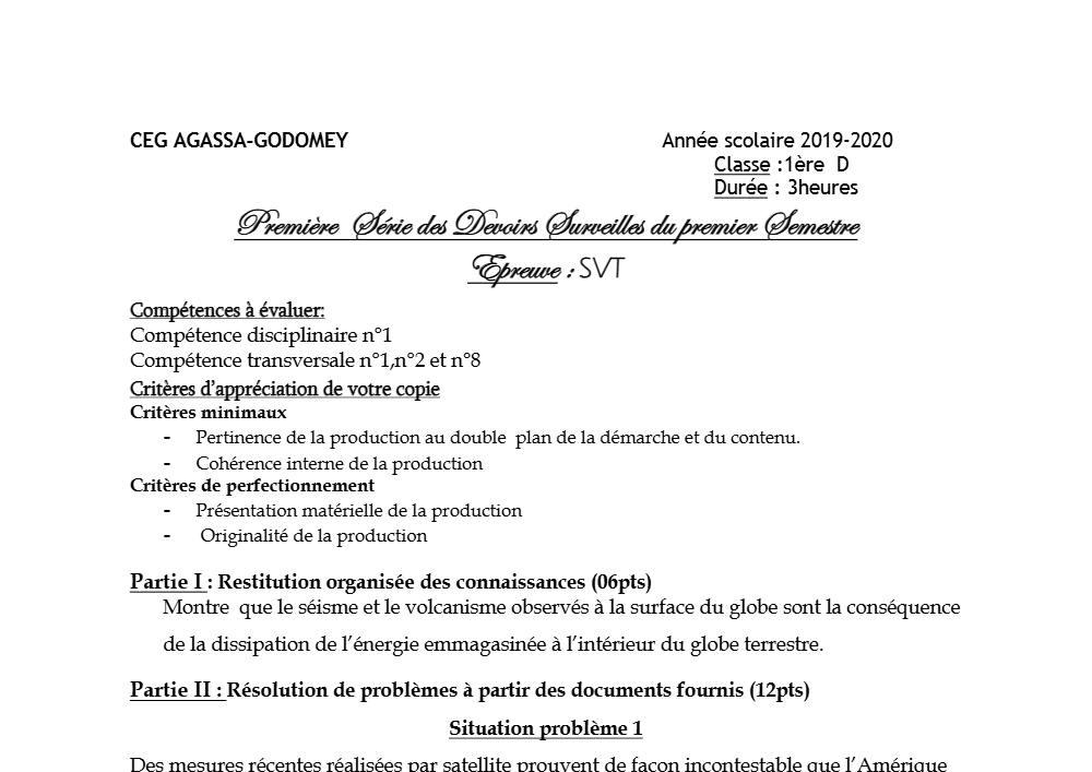 Aperçu de la première page — 1ère D SVT Devoir 1 Semestre 1 CEG Agassa Godomey 2019 2020