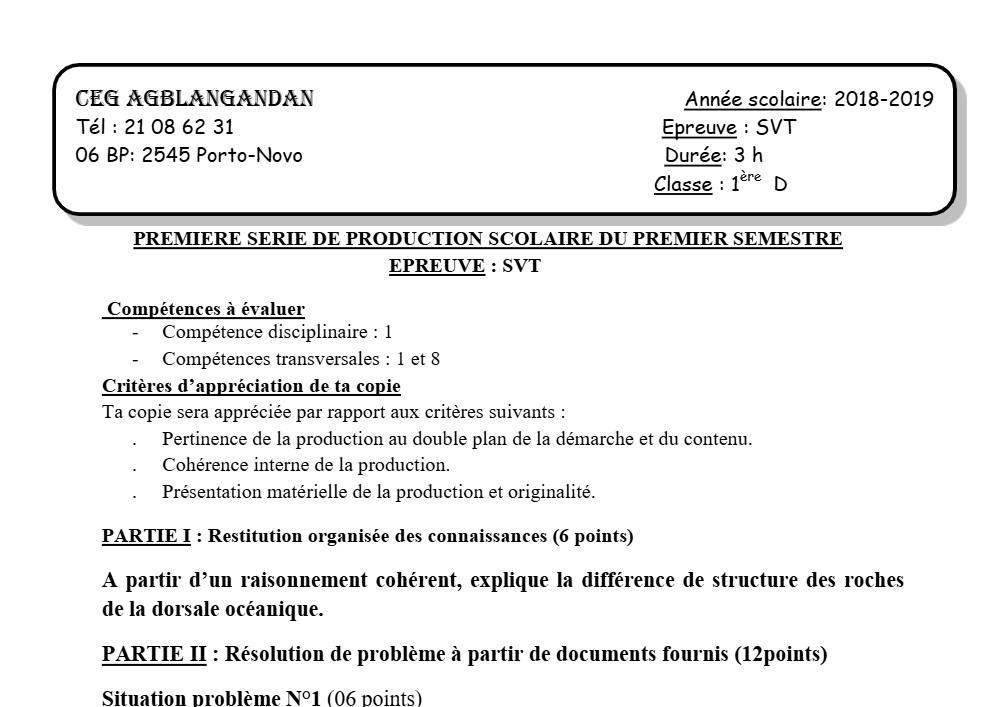 Aperçu de la première page — 1ère D SVT Devoir 1 Semestre 1 CEG Agblangandan 2018 2019