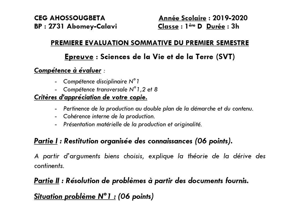 Aperçu de la première page — 1ère D SVT Devoir 1 Semestre 1 CEG Ahossougbéta 2019 2020
