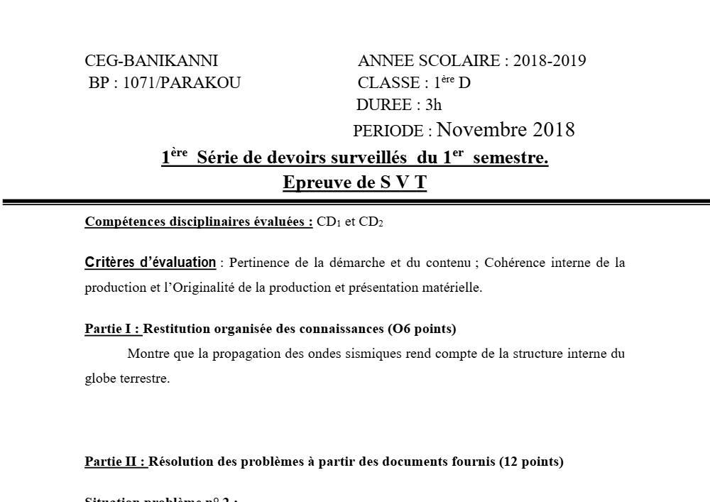 Aperçu de la première page — 1ère D SVT Devoir 1 Semestre 1 CEG Banikanni 2018 2019