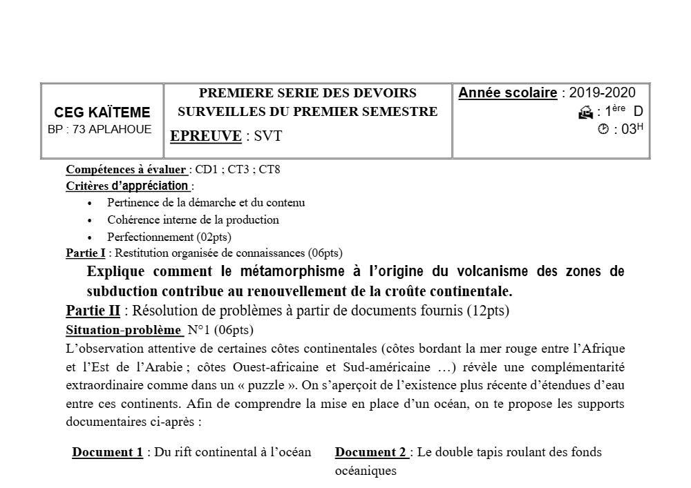 Aperçu de la première page — 1ère D SVT Devoir 1 Semestre 1 CEG Kaïteme 2019 2020
