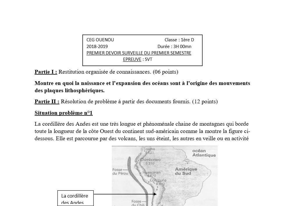 Aperçu de la première page — 1ère D SVT Devoir 1 Semestre 1 CEG Ouenou 2018 2019