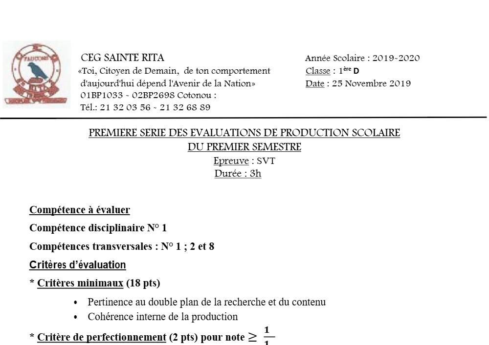 Aperçu de la première page — 1ère D SVT Devoir 1 Semestre 1 CEG Sainte Rita 2019 2020