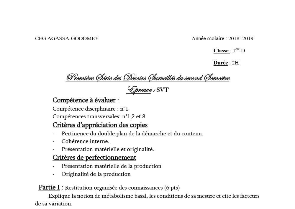 Aperçu de la première page — 1ère D SVT Devoir 1 Semestre 2 CEG Agassa Godomey 2018 2019