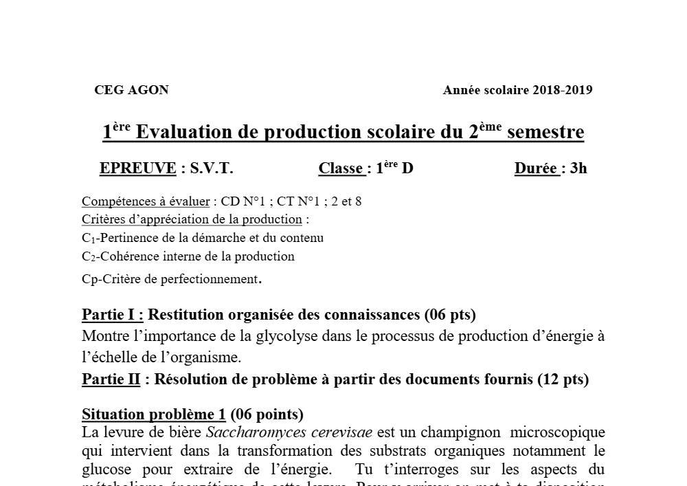 Aperçu de la première page — 1ère D SVT Devoir 1 Semestre 2 CEG Agon 2018 2019