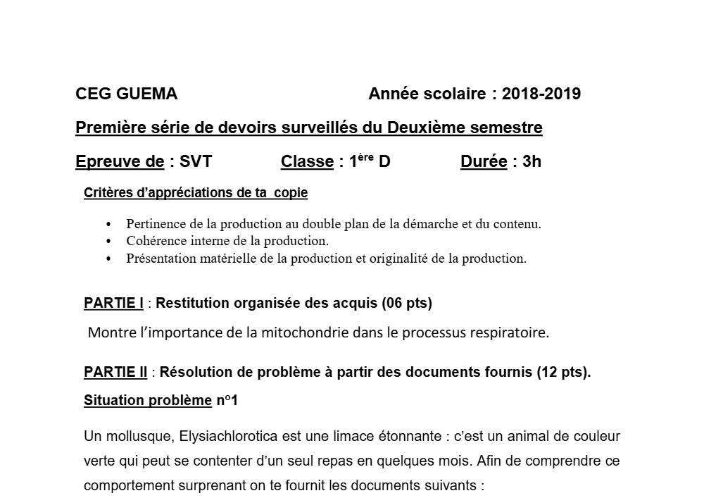 Aperçu de la première page — 1ère D SVT Devoir 1 Semestre 2 CEG Guema 2018 2019