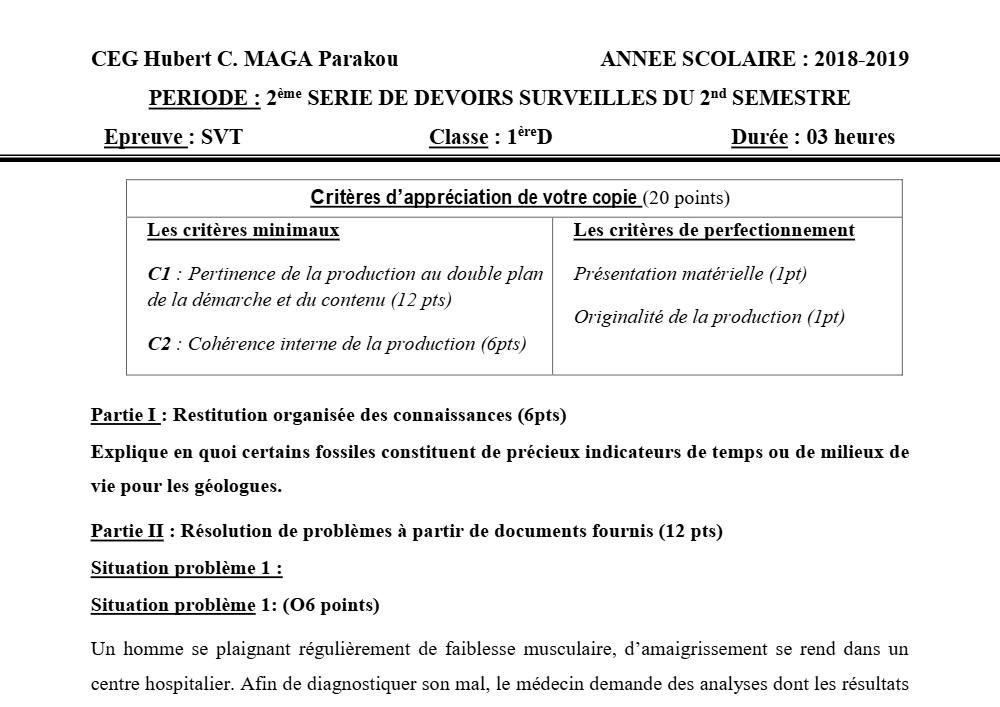 Aperçu de la première page — 1ère D SVT Devoir 1 Semestre 2 CEG Hubert C Maga 2018 2019
