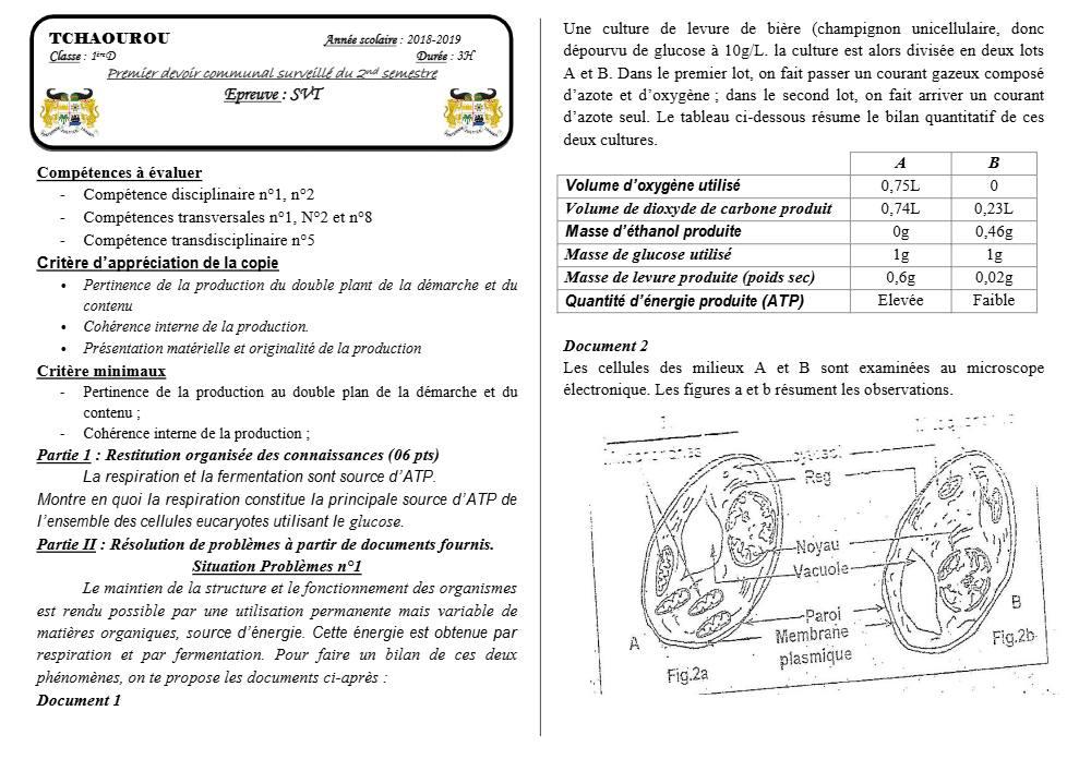 Aperçu de la première page — 1ère D SVT Devoir 1 Semestre 2 CEG Tchaourou 2018 2019