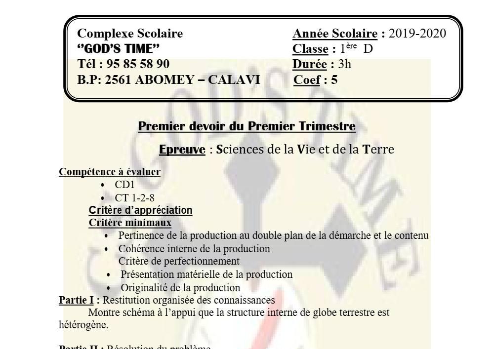 Aperçu de la première page — 1ère D SVT Devoir 1 Trimestre 1 CS God'S Time 2019 2020