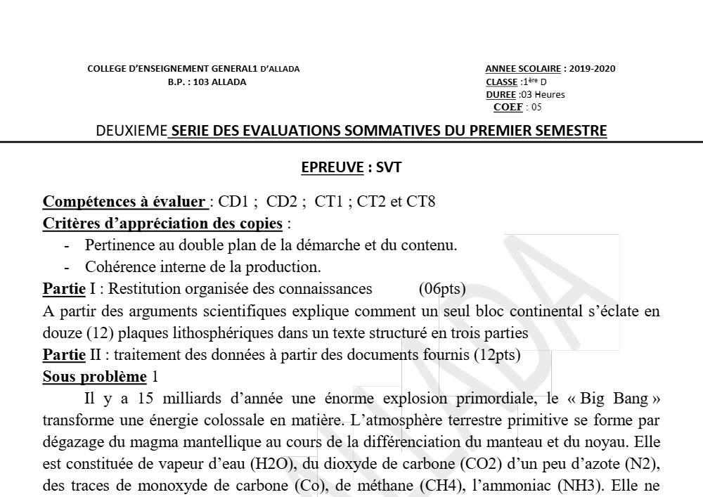 Aperçu de la première page — 1ère D SVT Devoir 2 Semestre 1 CEG1 Allada 2019 2020