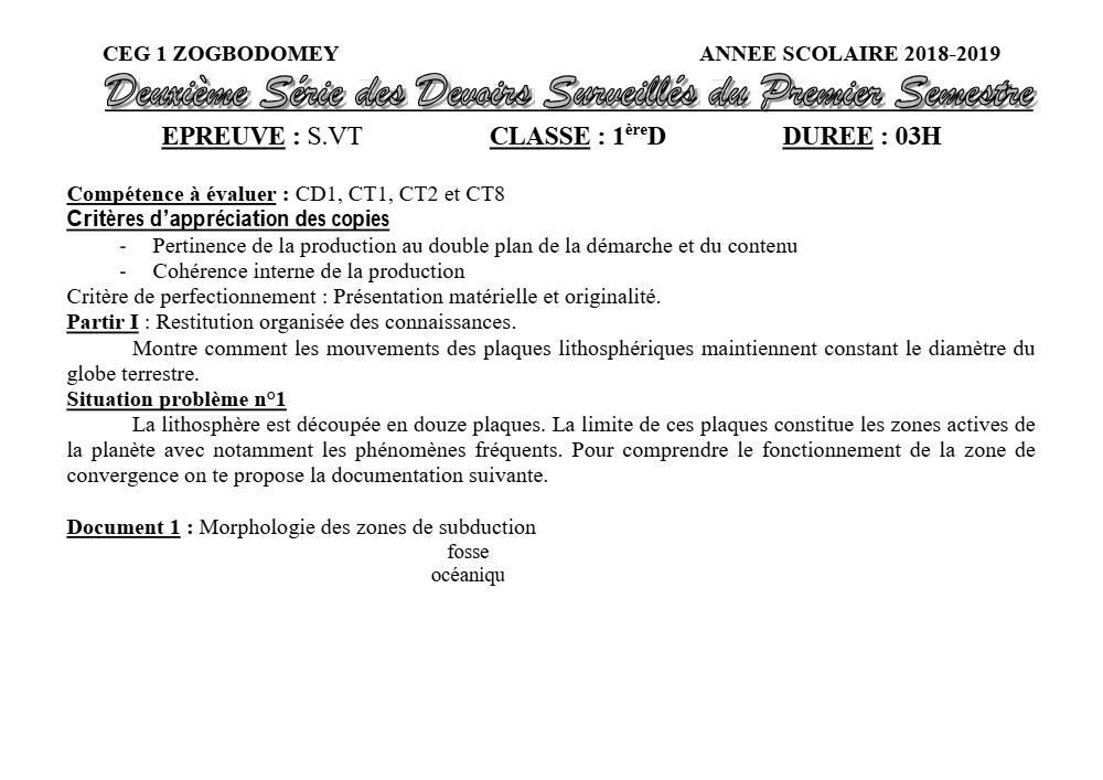 Aperçu de la première page — 1ère D SVT Devoir 2 Semestre 1 CEG1 Zogbodomey 2018 2019