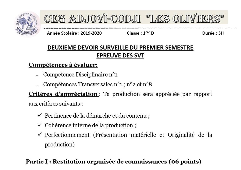 Aperçu de la première page — 1ère D SVT Devoir 2 Semestre 1 CEG Adjovi Codji 2019 2020